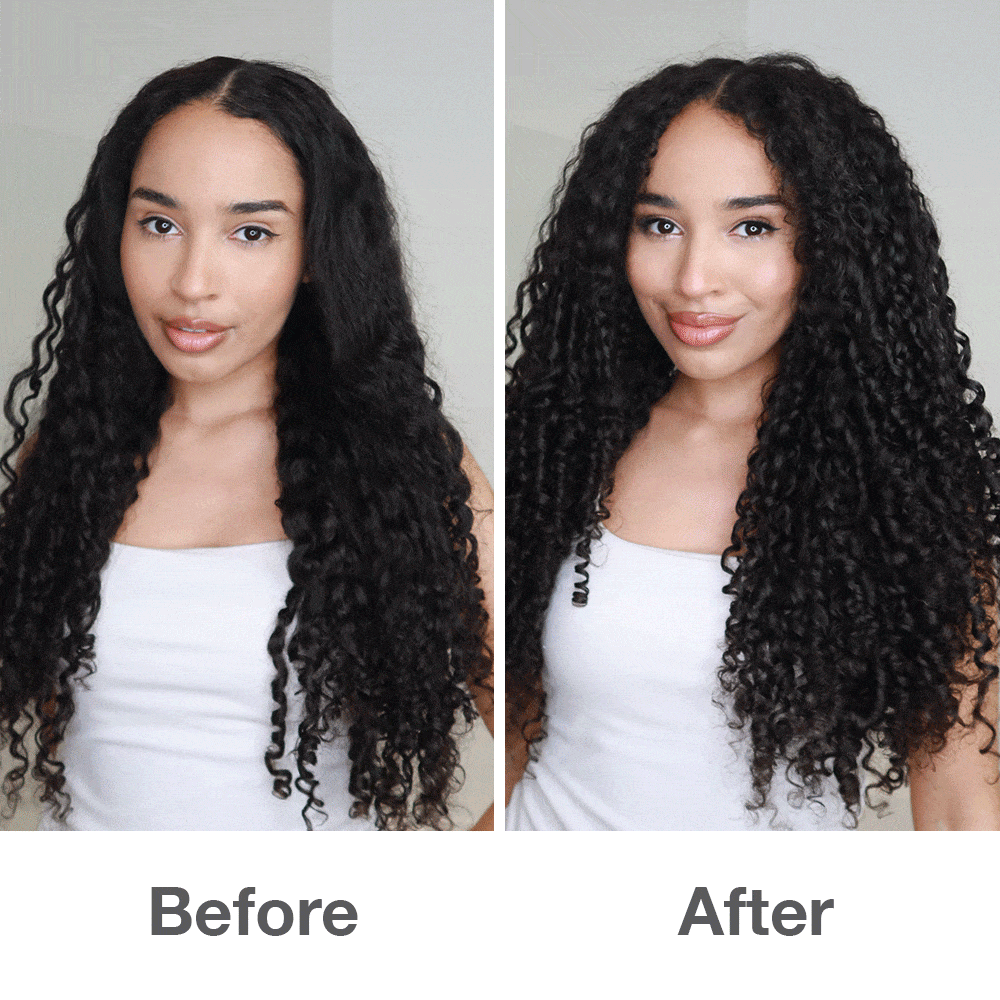 Side-by-side comparison of wavy and curly hair before and after using the Maximum Volume Duo, highlighting enhanced volume, definition, and lasting hold.