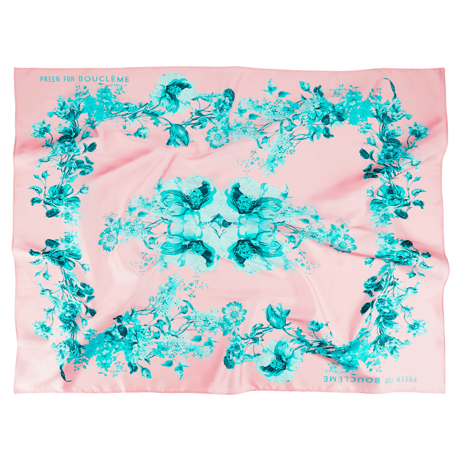 Introducing the Bouclème scarf, designed with British brand Preen using one of their iconic prints in signature Bouclème pastels using 100% recycled polyester. Vegan friendly. Introducing the Bouclème scarf, designed with British brand Preen using one of their iconic prints in signature Bouclème pastels using 100% recycled polyester. Vegan friendly.
