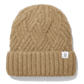 A camel cable-knit beanie hat with a ribbed cuff and a small white square label featuring a gray letter 'B', shown on a white background with a soft drop shadow.