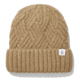 A camel cable-knit beanie hat with a ribbed cuff and a small white square label featuring a gray letter 'B', shown on a white background with a soft drop shadow.