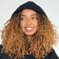 Model wearing black silk lined hoodie showing inner hoodie lining