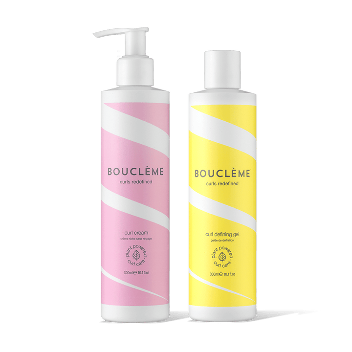 Bouclème Curl Cream and Curl Defining Gel bundle against a cream background – the perfect curl styling duo for hydration, definition and long-lasting hold.