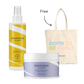 Bouclème’s Summer Curl Survival Kit featuring Curl Defence Spray, Intensive Moisture Treatment, and a cream-coloured tote bag with the Bouclème logo