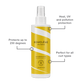 Curl Defence Spray graphic highlighting how the spray's UV and heat protection benefits for curls exposed to summer elements.