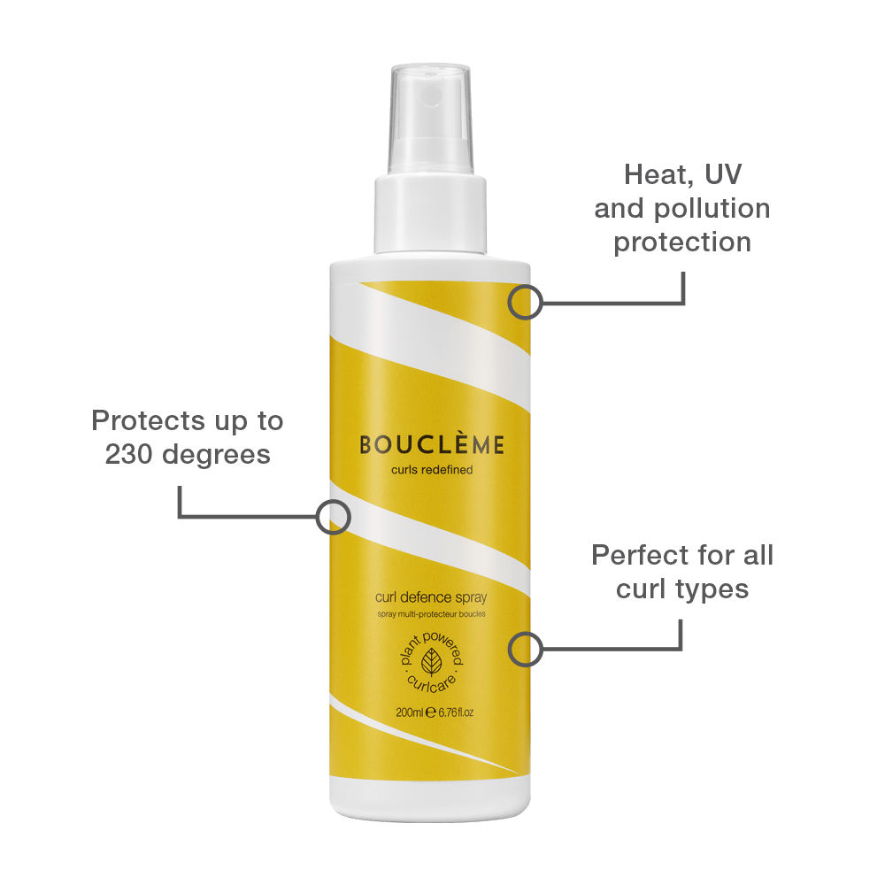 Curl Defence Spray graphic highlighting how the spray's UV and heat protection benefits for curls exposed to summer elements.