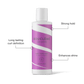 A white bottle of BOUCLÈME curls redefined super holder styliser with a purple and white label, shown on a white background with callout lines and text highlighting its features: strong hold, long lasting curl definition, and enhances shine.