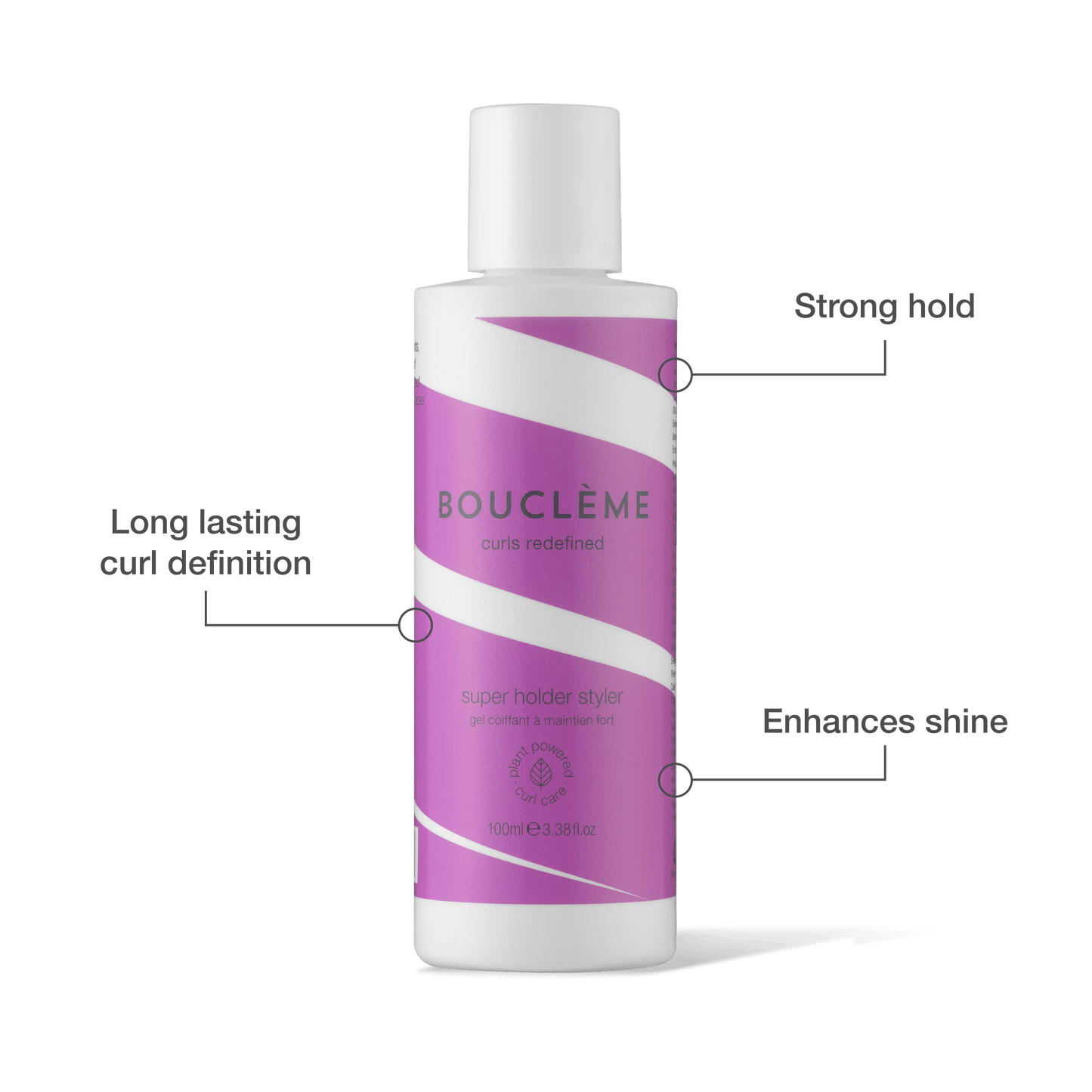 A white bottle of BOUCLÈME curls redefined super holder styliser with a purple and white label, shown on a white background with callout lines and text highlighting its features: strong hold, long lasting curl definition, and enhances shine.