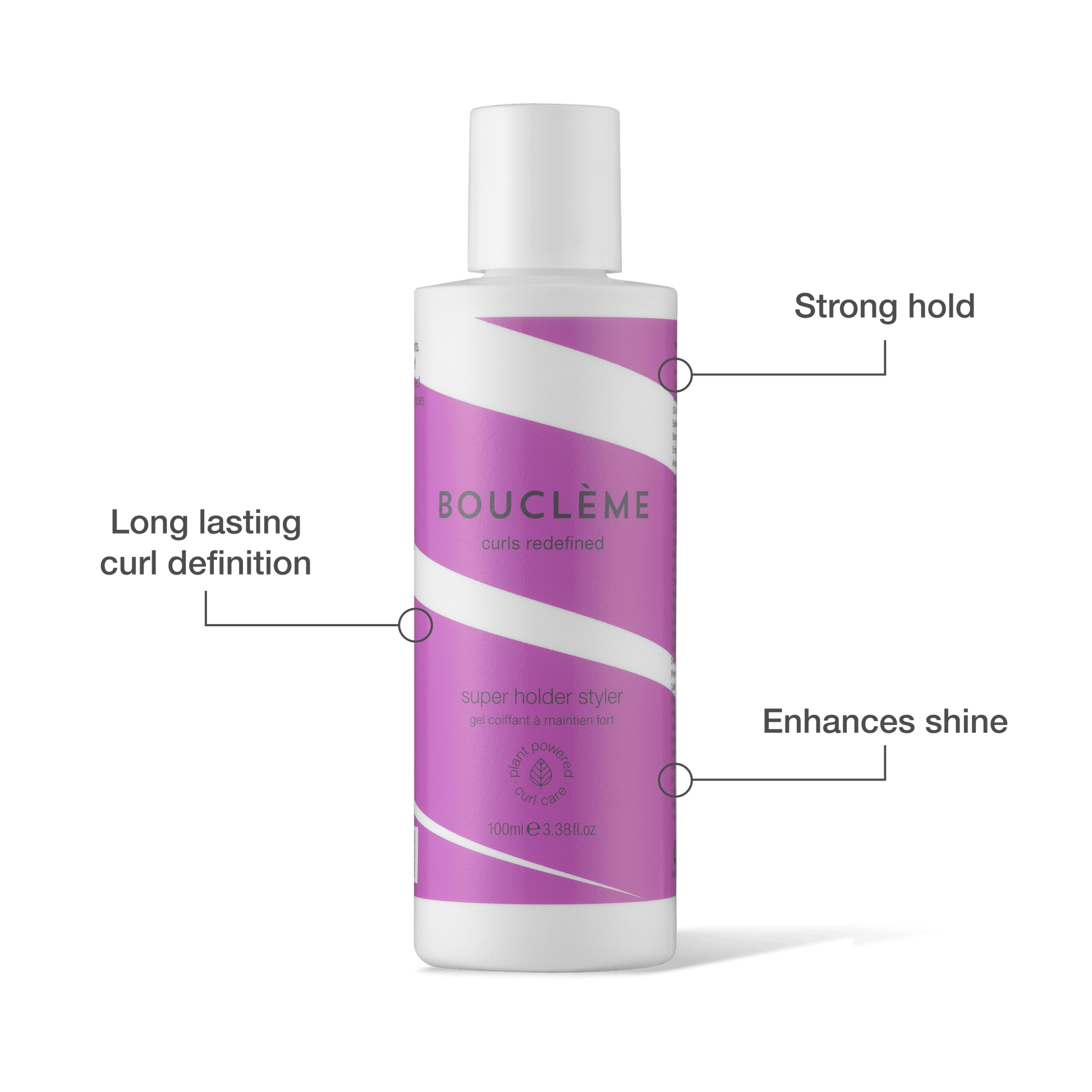 A white bottle of BOUCLÈME curls redefined super holder styliser with a purple and white label, shown on a white background with callout lines and text highlighting its features: strong hold, long lasting curl definition, and enhances shine.
